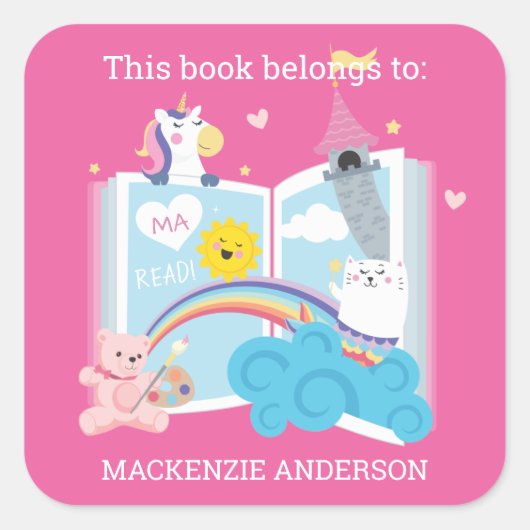 Whimsical Girl Bookplate Vierkante Sticker (Voorkant)