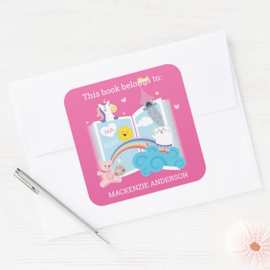 Whimsical Girl Bookplate Vierkante Sticker (Envelop)