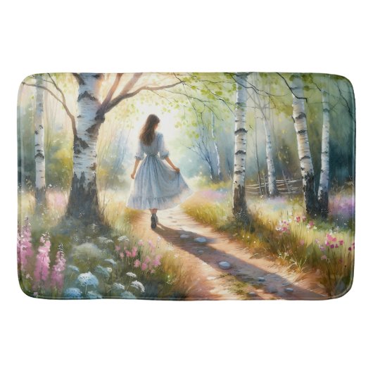 Whimsical Girl Dancing Through Birch Forest Badmat (Voorkant)