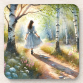 Whimsical Girl Dancing Through Birch Forest Bier Onderzetter (Voorkant)