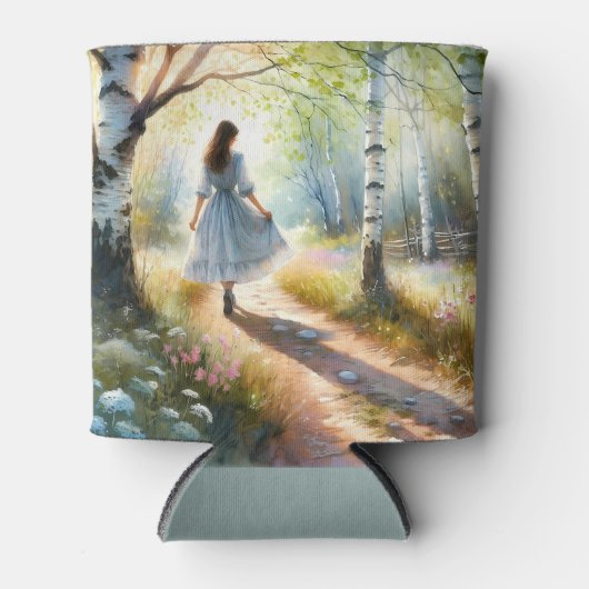 Whimsical Girl Dancing Through Birch Forest Blikjeskoeler (Voorkant)