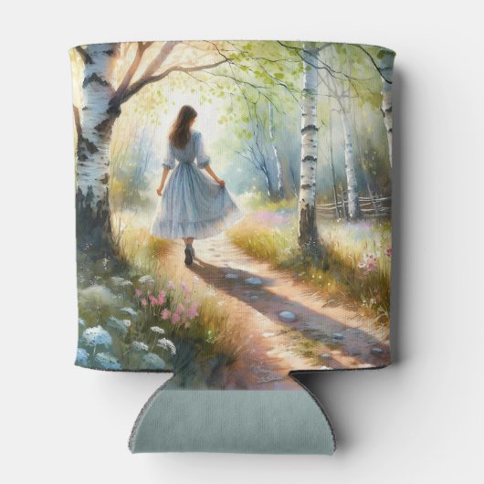 Whimsical Girl Dancing Through Birch Forest Blikjeskoeler (Achterkant)