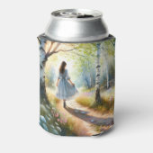 Whimsical Girl Dancing Through Birch Forest Blikjeskoeler (Blikje Achterkant)