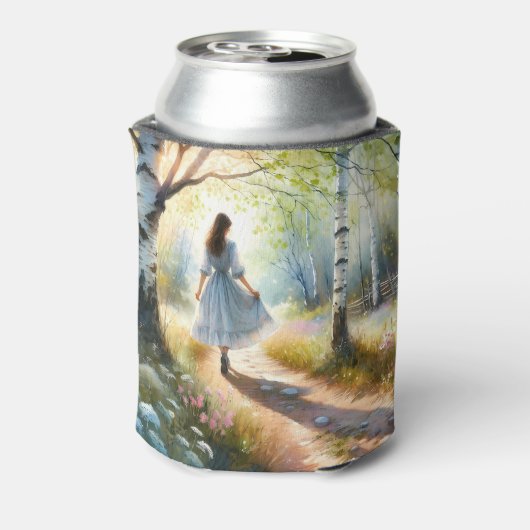 Whimsical Girl Dancing Through Birch Forest Blikjeskoeler (Blikje Achterkant)