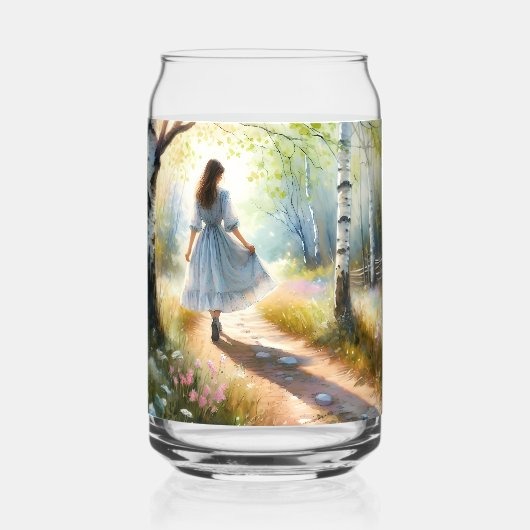 Whimsical Girl Dancing Through Birch Forest Blikvorm Glas (Voorkant)
