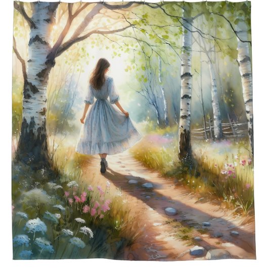 Whimsical Girl Dancing Through Birch Forest Douchegordijn (Voorkant)