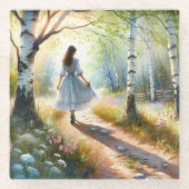 Whimsical Girl Dancing Through Birch Forest Glazen Onderzetter (Voorkant)