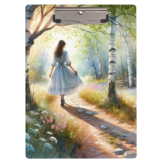 Whimsical Girl Dancing Through Birch Forest Klembord (Voorkant)