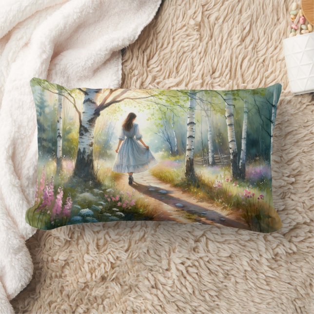 Whimsical Girl Dancing Through Birch Forest Kussen (Deken)