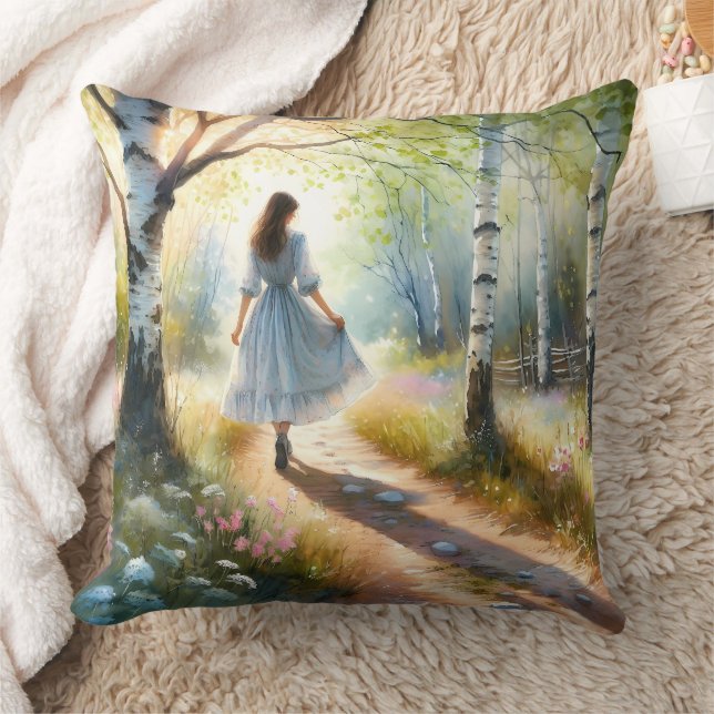 Whimsical Girl Dancing Through Birch Forest Kussen (Deken)