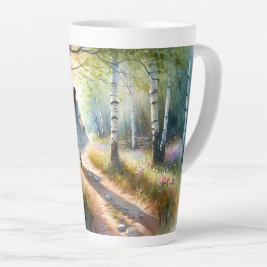 Whimsical Girl Dancing Through Birch Forest Latte Mok (Rechterhoek)