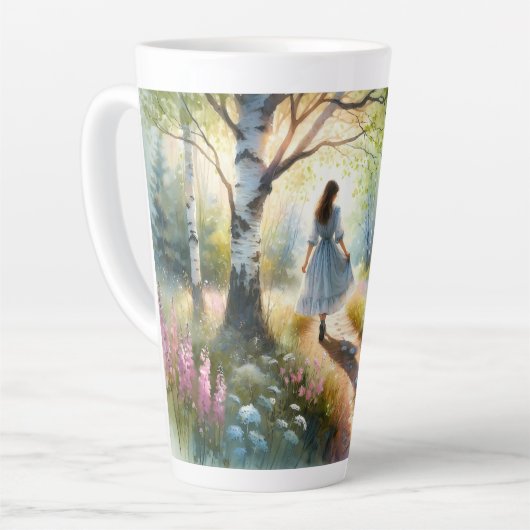 Whimsical Girl Dancing Through Birch Forest Latte Mok (Linkerhoek)
