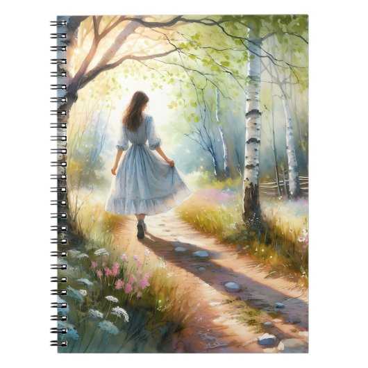 Whimsical Girl Dancing Through Birch Forest Notitieboek (Voorkant)