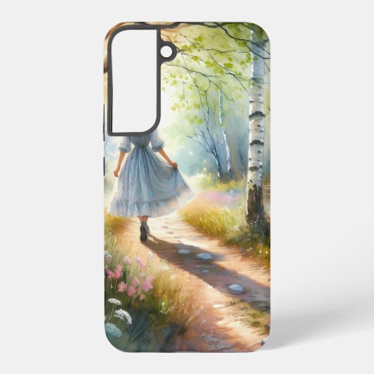 Whimsical Girl Dancing Through Birch Forest Samsung Galaxy Hoesje (Achterkant)