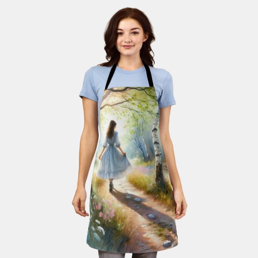 Whimsical Girl Dancing Through Birch Forest Schort (Gedragen)