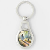 Whimsical Girl Dancing Through Birch Forest Sleutelhanger (Voorkant)