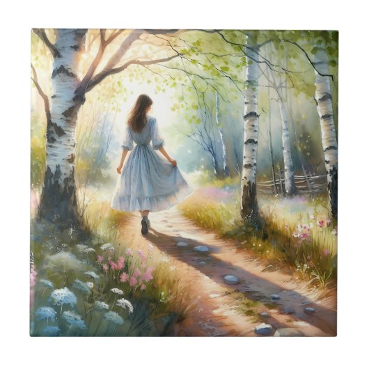 Whimsical Girl Dancing Through Birch Forest Tegeltje (Voorkant)