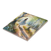 Whimsical Girl Dancing Through Birch Forest Tegeltje (Zijkant)