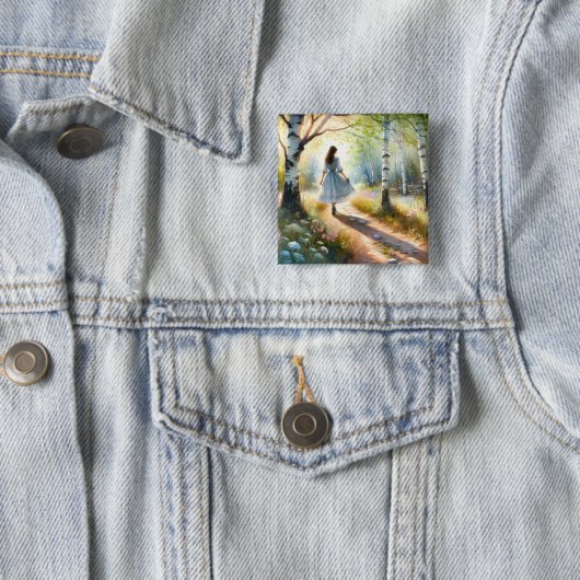 Whimsical Girl Dancing Through Birch Forest Vierkante Button 5,1 Cm (In situ)