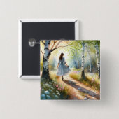 Whimsical Girl Dancing Through Birch Forest Vierkante Button 5,1 Cm (Voorkant /achterkant)