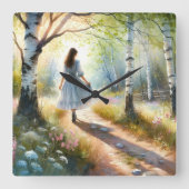 Whimsical Girl Dancing Through Birch Forest Vierkante Klok (Voorkant)