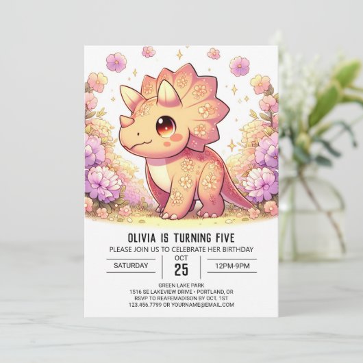 Whimsical Girl Dinosaur Digitale Verjaardag Kaart (Staand voorkant)