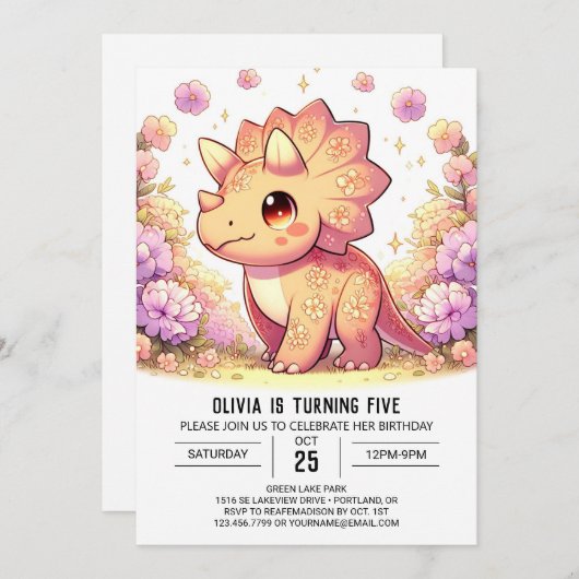 Whimsical Girl Dinosaur Digitale Verjaardag Kaart (Voorkant / Achterkant)