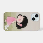 Whimsical Girl & Dog Cartoon Telefoonhoesontwerp iPhone 15 Case (Achterkant horizontaal)