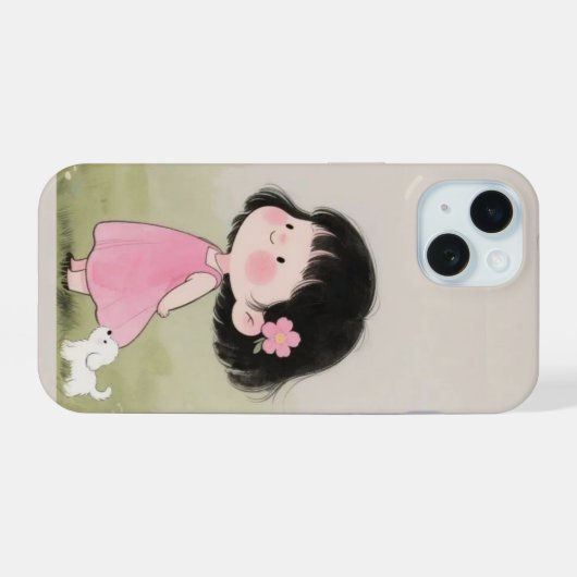 Whimsical Girl & Dog Cartoon Telefoonhoesontwerp iPhone 15 Case (Achterkant horizontaal)