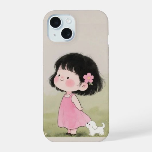 Whimsical Girl & Dog Cartoon Telefoonhoesontwerp iPhone 15 Case (Achterkant)