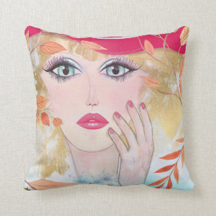 Whimsical Girl Face Hand Colorful Pink Kussen