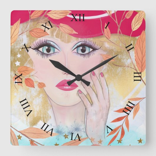 Whimsical Girl Face Hand Leaves Roman Numerals Vierkante Klok (Voorkant)