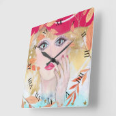 Whimsical Girl Face Hand Leaves Roman Numerals Vierkante Klok (Hoek)