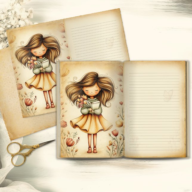 Whimsical Girl with Book & Flowers Journal Page (Creator heeft geüpload)