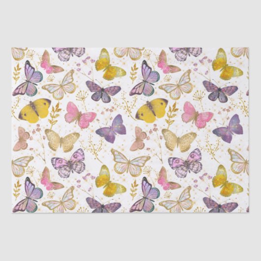 Whimsical Girly Faux Glitter Butterflies Golden Tissuepapier (Voorkant)