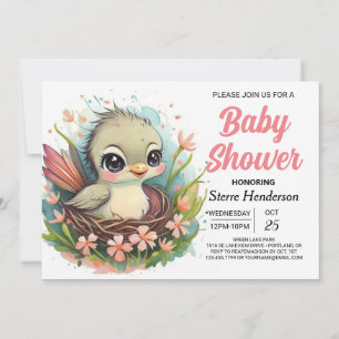 Whimsical Girly Nest Bird Baby shower Kaart