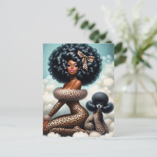 Whimsical  Glamour: Afro Pin-Up Luipaard Briefkaart (Staand voorkant)