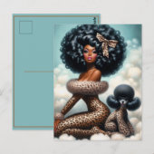 Whimsical Glamour: Afro Pin-Up Luipaard Briefkaart (Voorkant / Achterkant)