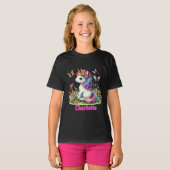 Whimsical glitter bloem eenhoorn zwart T-Shirt (Voorkant volledig)