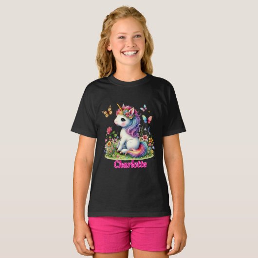 Whimsical glitter bloem eenhoorn zwart T-Shirt (Voorkant volledig)