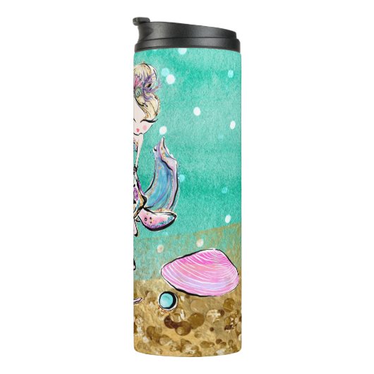 *~* Whimsical Glitter Mermaid Zee Turtle Shells Thermosbeker (Geroteerd rechts)