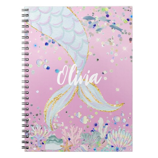 Whimsical Glitter Zeemeermin Beachy Onder het Zee Notitieboek (Voorkant)