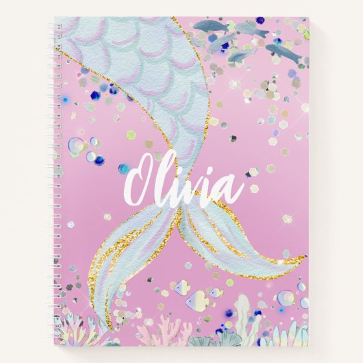 Whimsical Glitter Zeemeermin Beachy Onder het Zee Notitieboek (Voorkant)