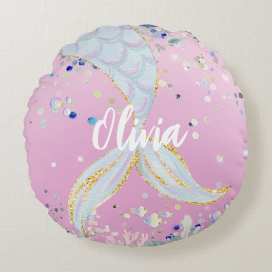 Whimsical Glitter Zeemeermin Beachy Onder het Zee Rond Kussen (Voorkant)