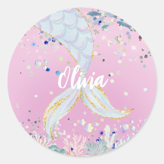 Whimsical Glitter Zeemeermin Beachy Onder het Zee Ronde Sticker (Voorkant)