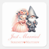 Whimsical Gnome bruid bruidegom net getrouwd bruil Vierkante Sticker (Voorkant)