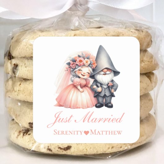 Whimsical Gnome bruid bruidegom net getrouwd bruil Vierkante Sticker