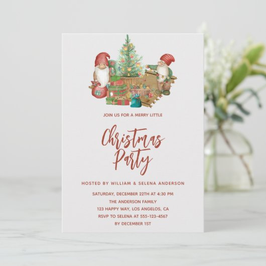 Whimsical Gnome & Christmas Tree Holiday Party Kaart (Staand voorkant)