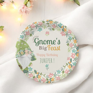 Whimsical Gnome Eerste Verjaardag Bloemen Papieren Bordje