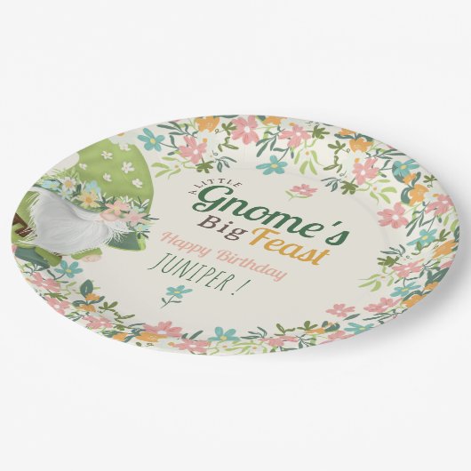 Whimsical Gnome Eerste Verjaardag Bloemen Papieren Bordje (Gekanteld)